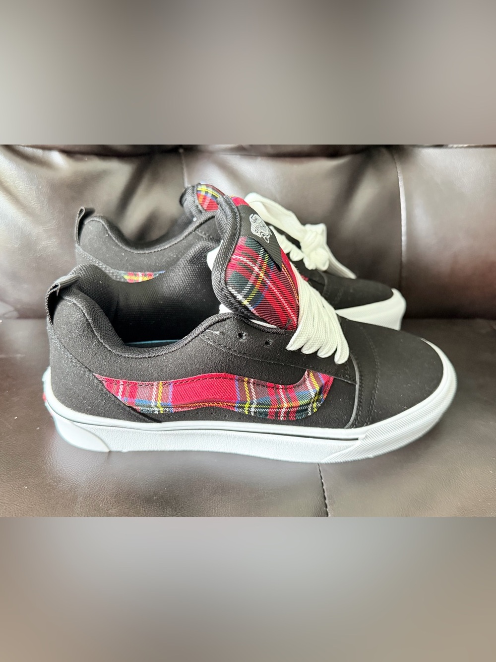Vans Black Sneakers with Red Plaid Accent